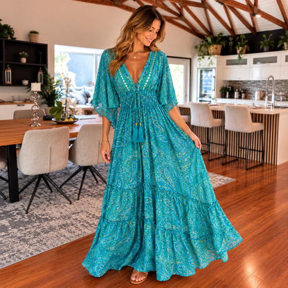 Turquoise Silk Paisley Maxi Dress with Embellished V-Neck
