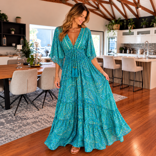 Turquoise Silk Paisley Maxi Dress with Embellished V-Neck