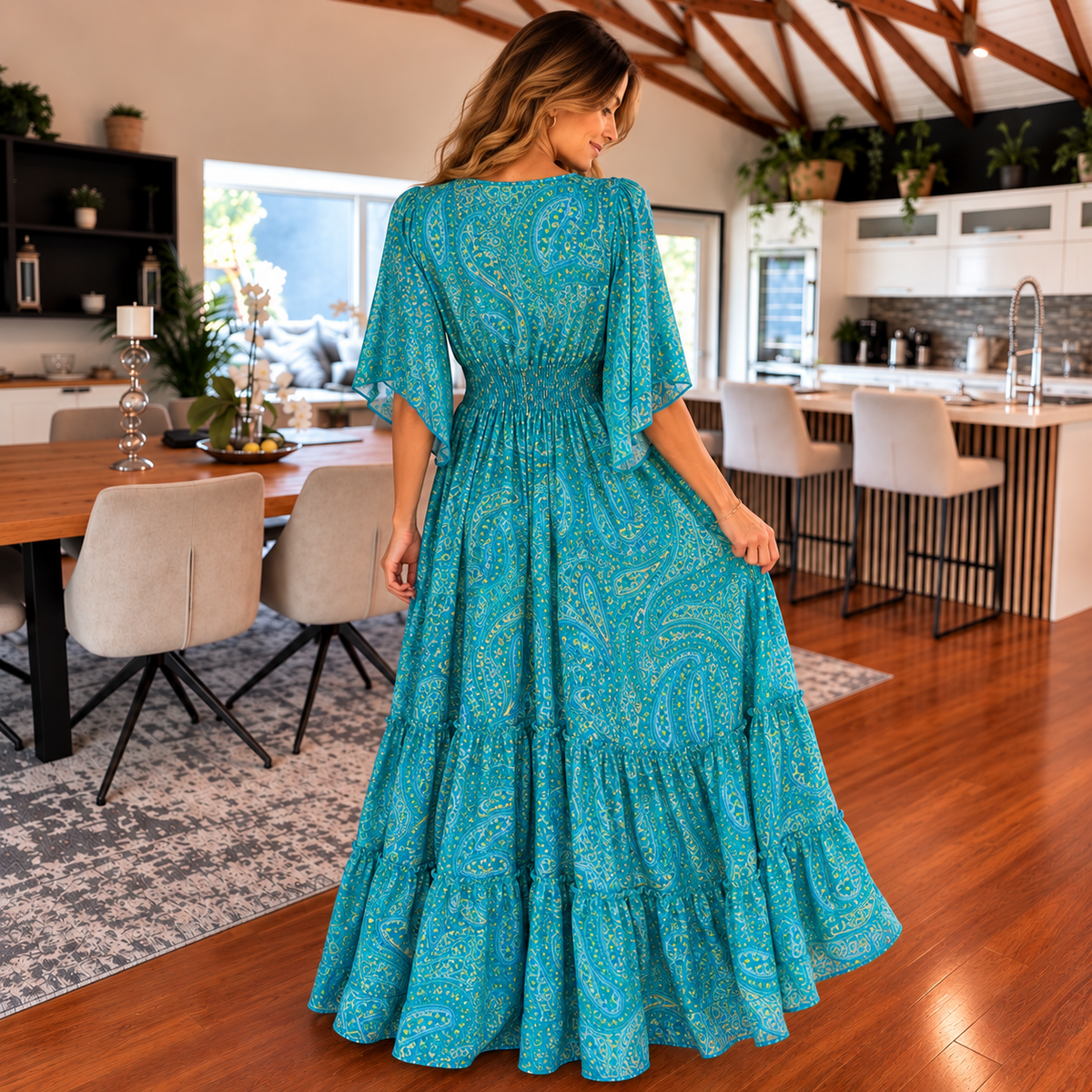 Turquoise Silk Paisley Maxi Dress with Embellished V-Neck