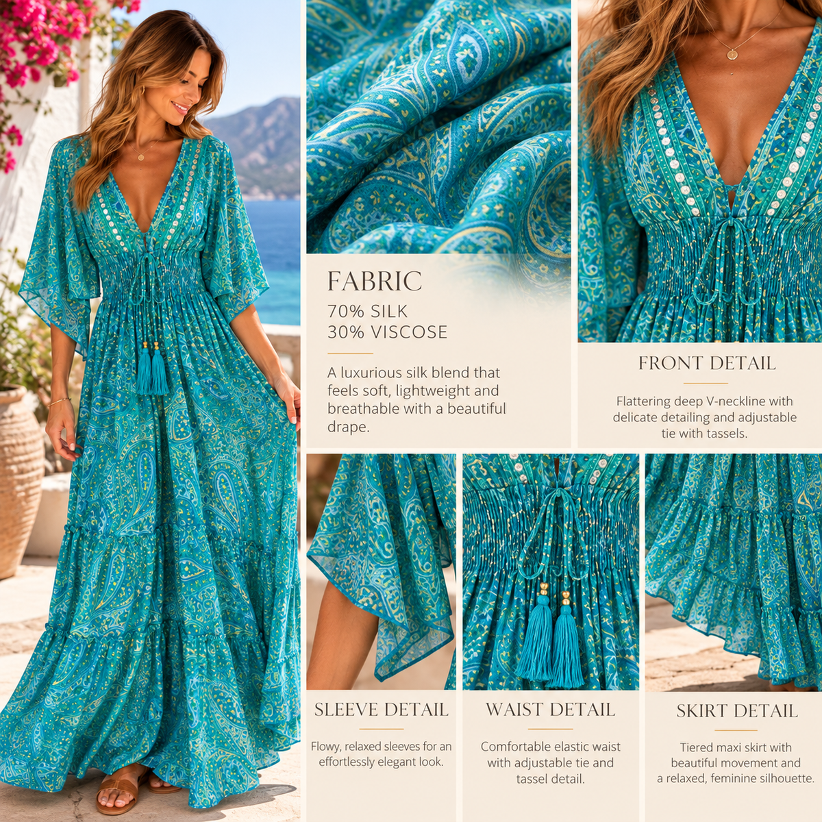Turquoise Silk Paisley Maxi Dress with Embellished V-Neck