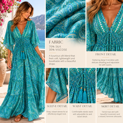 Turquoise Silk Paisley Maxi Dress with Embellished V-Neck