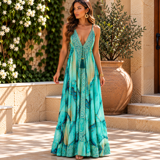 Turquoise & Teal Boho Magic Dress with Tassel Detail