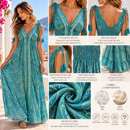 Turquoise and Blue Embellished Paisley Silk Maxi Dress