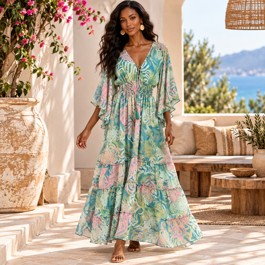 Turquoise and Blush Pink Floral Silk Boho Maxi Dress – Flutter Sleeves