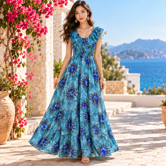 Turquoise and Royal Blue Sunburst Silk Maxi Dress – Boho Resort Wear