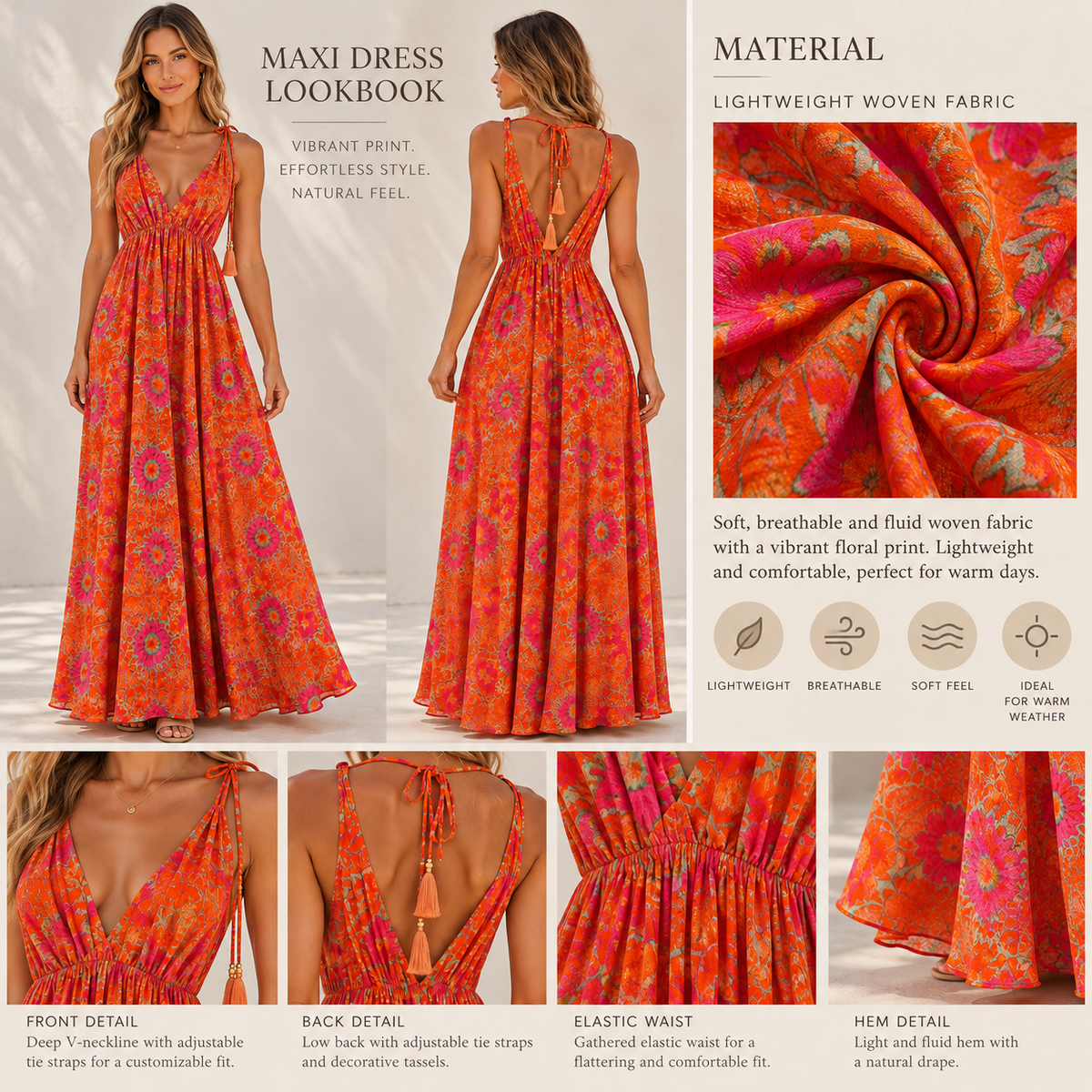 Orange and Pink Floral Halter Neck Maxi Dress