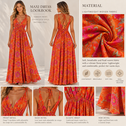 Orange and Pink Floral Halter Neck Maxi Dress