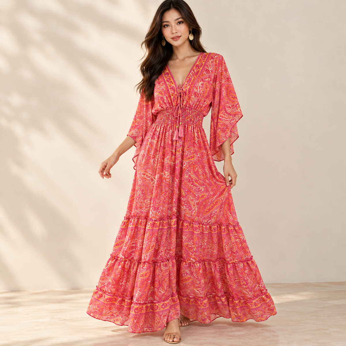 Coral Pink and Gold Paisley Silk Boho Maxi Dress – Flutter Sleeves