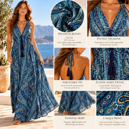 Dark Blue and Teal Silk Paisley Halterneck Maxi Dress