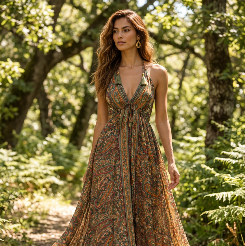 Turquoise Paisley Maxi Dress with Tassel Shoulder Ties
