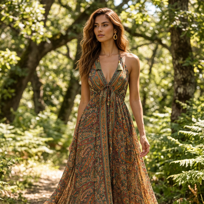 Turquoise Paisley Maxi Dress with Tassel Shoulder Ties
