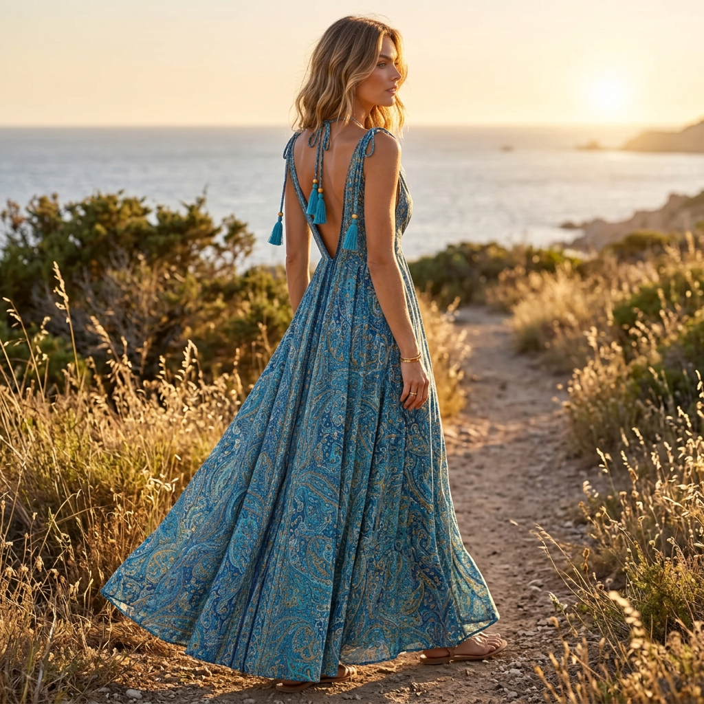 Teal paisley maxi dress walking along coast