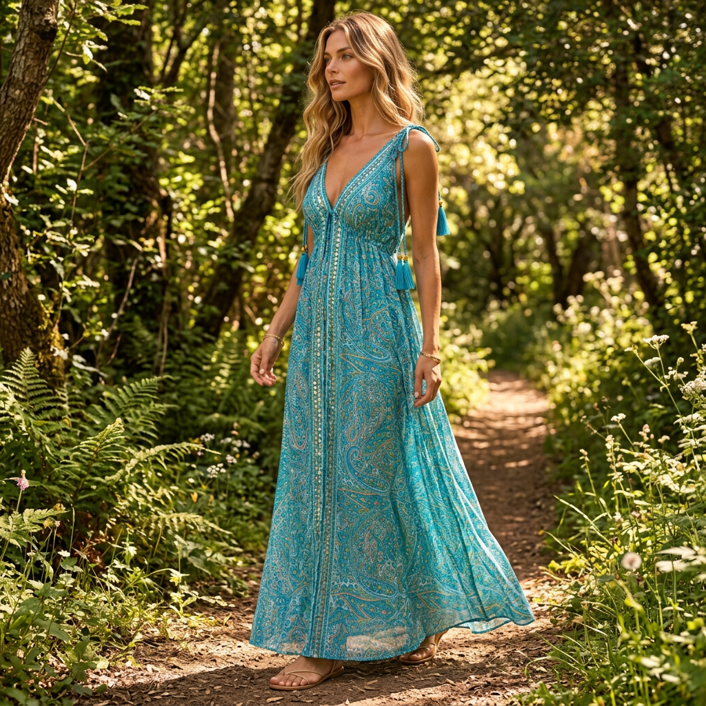 Turquoise paisley maxi dress walking through woodland
