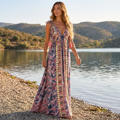 Blue and pink patterned maxi dress, walking by a lake