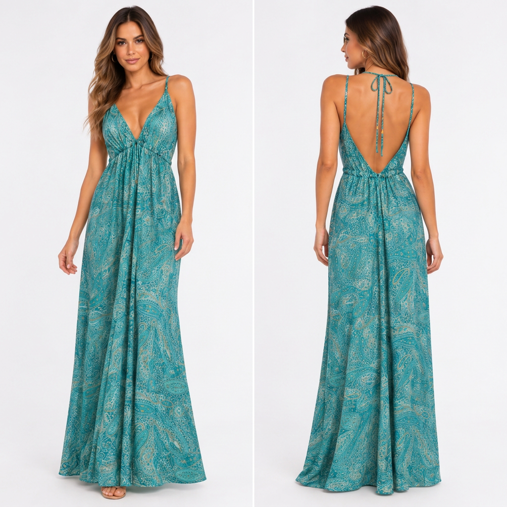 Front and back views of the aqua and teal paisley maxi dress on a white background