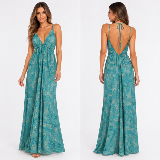 Front and back views of the aqua and teal paisley maxi dress on a white background