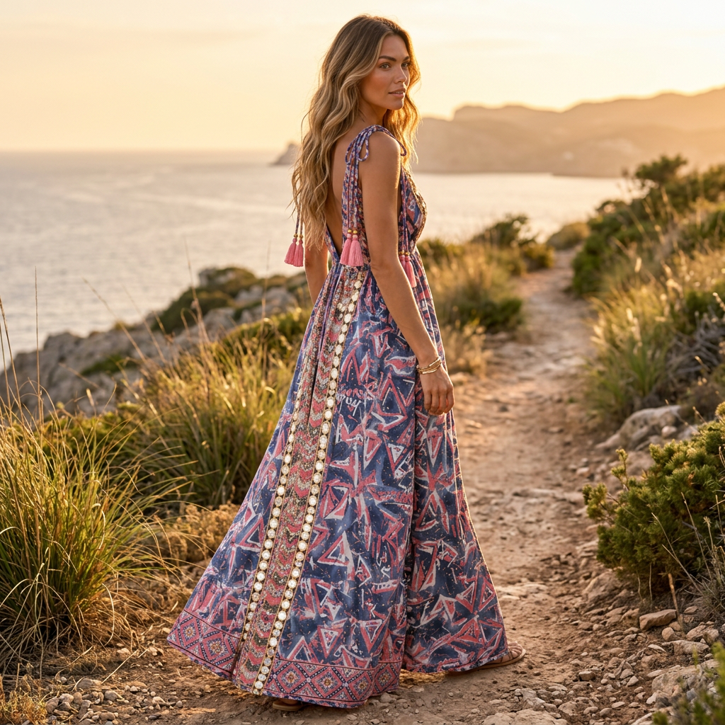 Blue and pink patterned maxi dress, walking along the coast at sunset