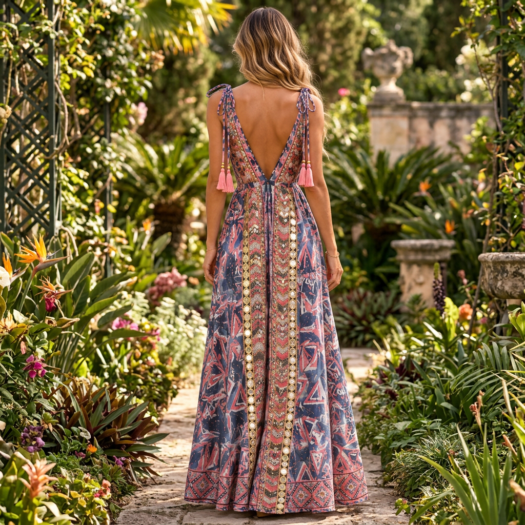 Blue and pink patterned maxi dress, back view on a garden path