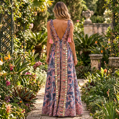 Blue and pink patterned maxi dress, back view on a garden path
