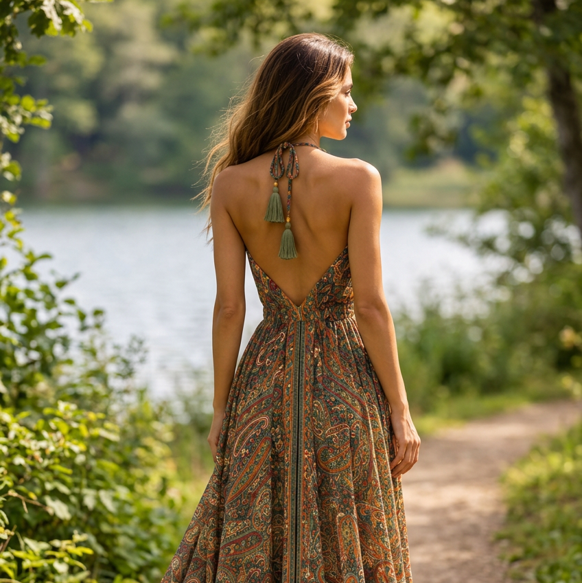 Turquoise Paisley Maxi Dress with Tassel Shoulder Ties