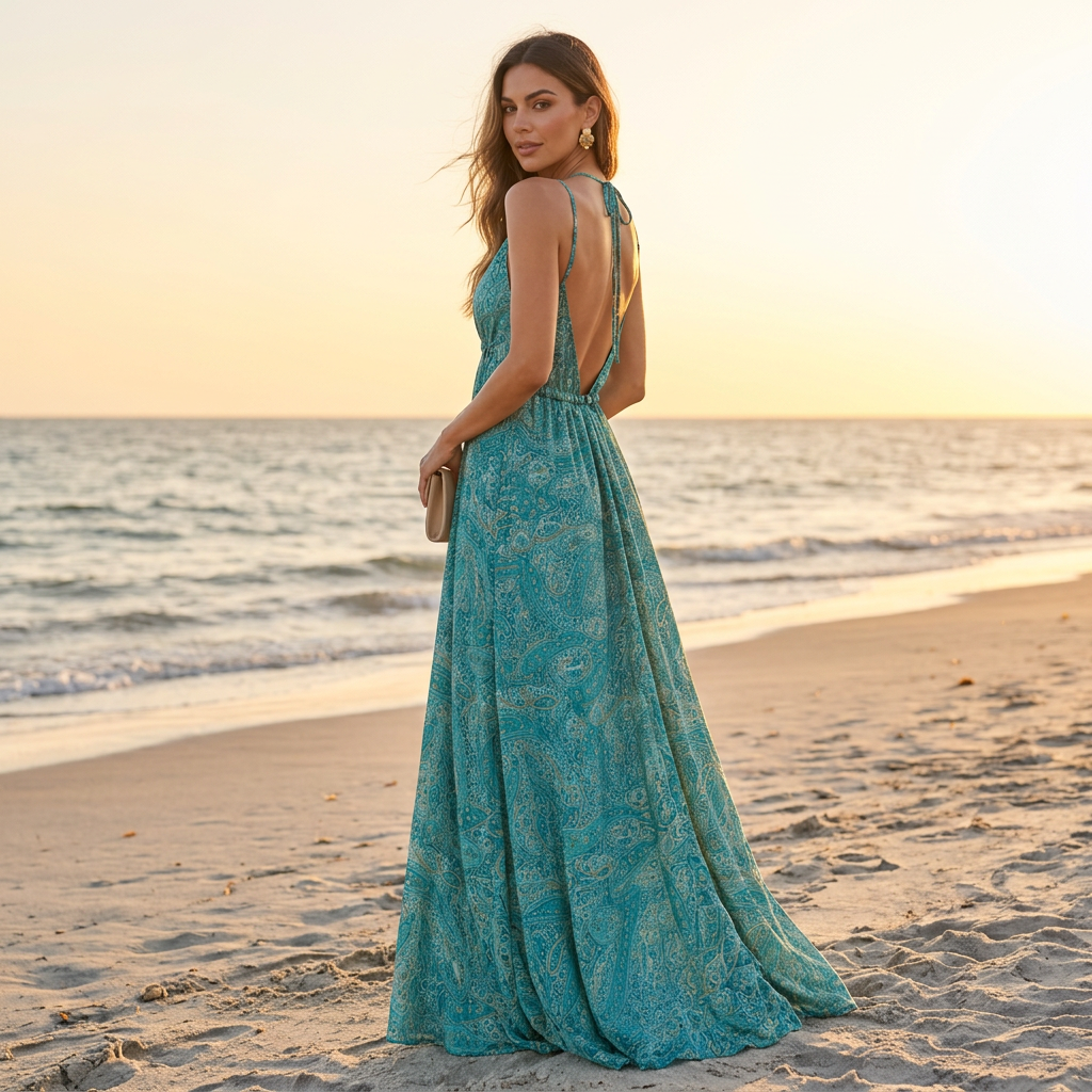 Low V-back of the aqua and teal paisley maxi dress styled for sunset on the beach