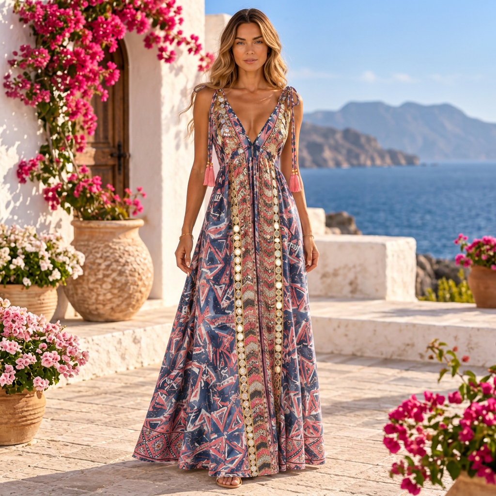 Blue and pink patterned maxi dress, front view on a Mediterranean terrace