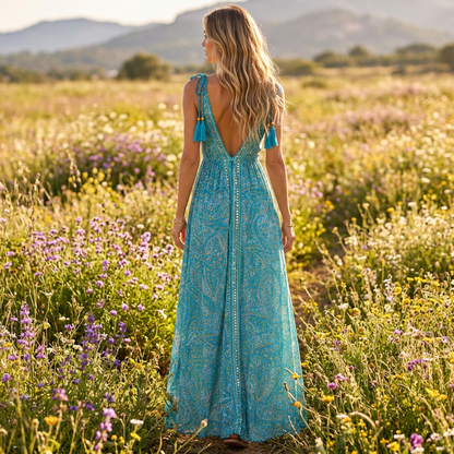 Turquoise paisley maxi dress back view walking through a wildflower meadow