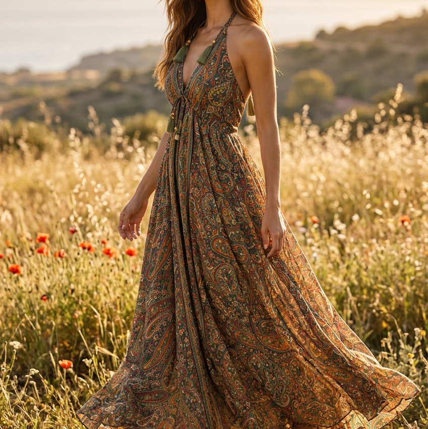 Turquoise Paisley Maxi Dress with Tassel Shoulder Ties