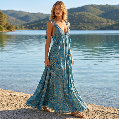 Teal paisley maxi dress walking by lake
