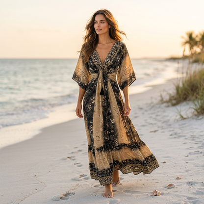 Black & Beige Paisley Boho Dress with Flowy Sleeves